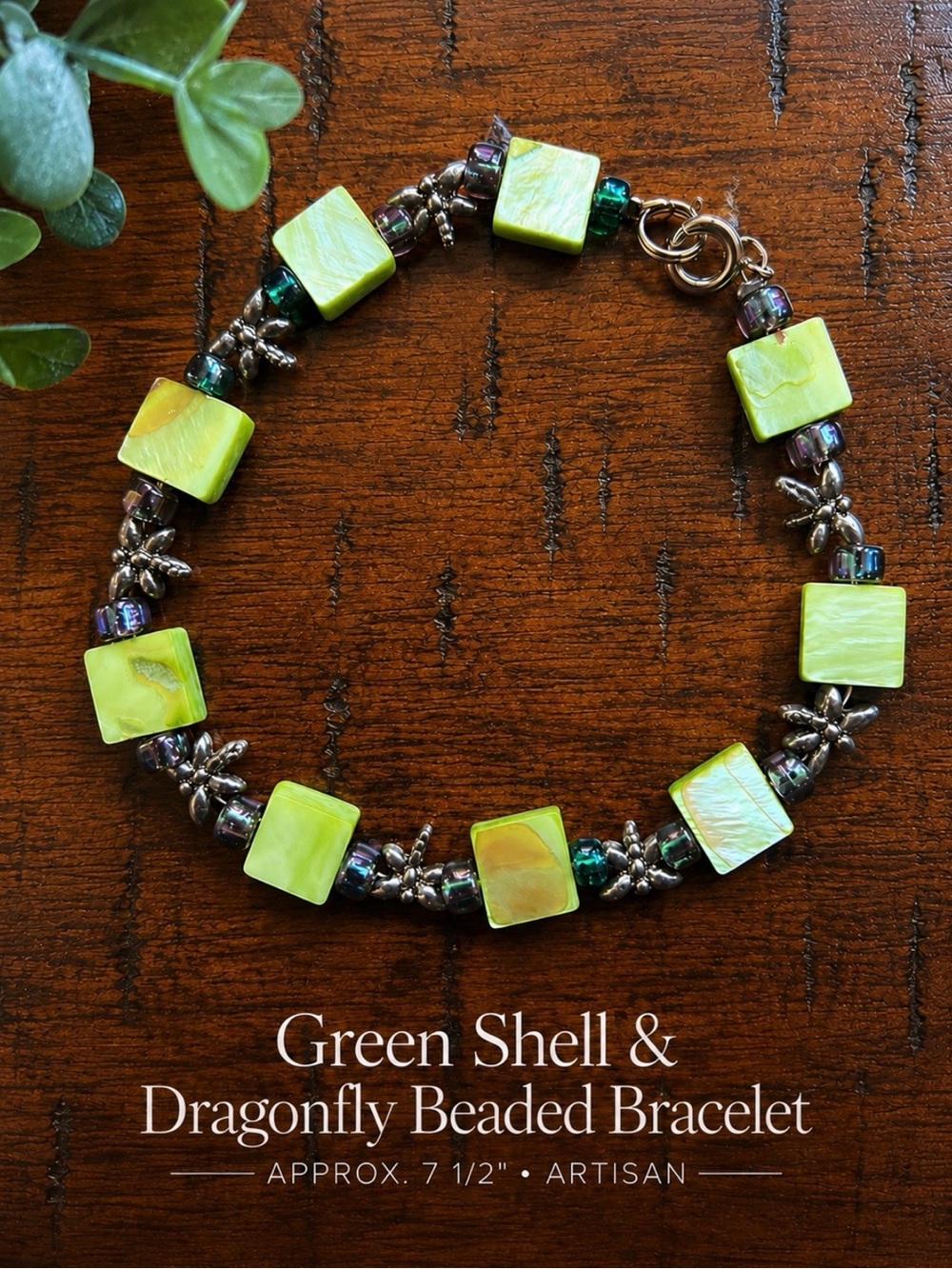 Vintage Green Shell Glass Bead Dragonfly Bracelet 7.5” Boho Artisan